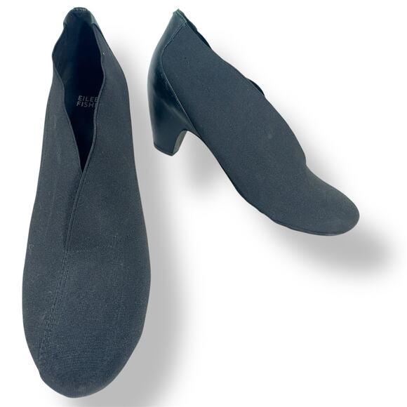 Eileen Fisher Black Ankle Boot Vero Cuoio Lagenlook Slip On Low Block Heel 8.5 - Picture 1 of 8